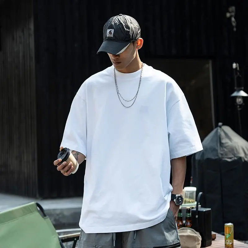 

Solid color short sleeved T-shirt men summer oversized loose five quarter sleeve American casual half sleeved top ins clothing