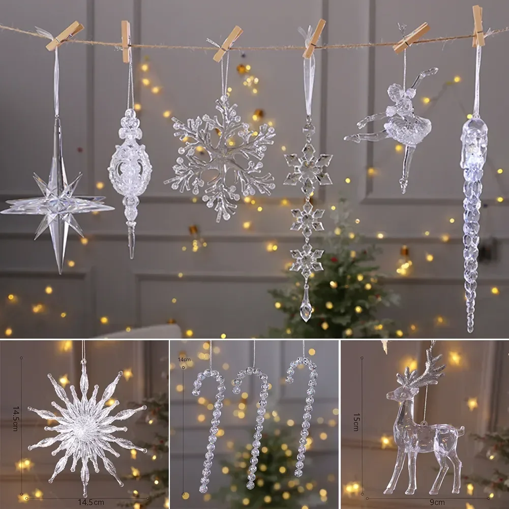 4 Decorazioni Natalizie In Acrilico Per Albero – Set Con Angelo, Alce E Fiocchi Di Neve Trasparenti