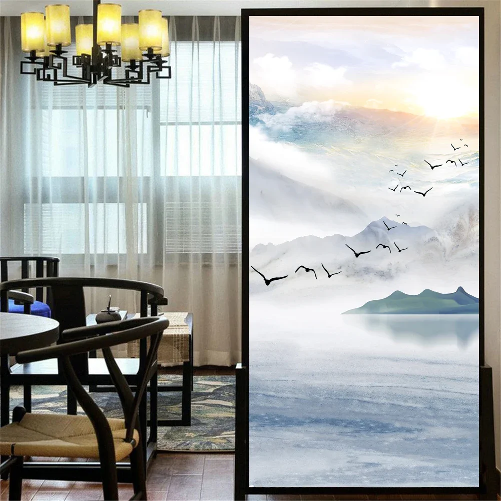 Static ClingPrivacy Windows Film Decorative Landscape Painting Stained Glass Window Stickers   Frosted Window Cling 55