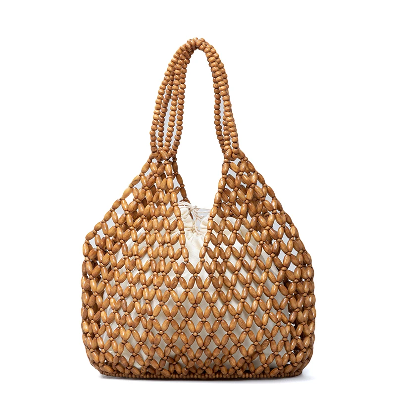 Ahornholz-Perlen-Handtasche, Damen Große Kapazität Hohle Strand-Urlaubstasche, Sommerliche Lässige Schicke Handgewebte Tragetasche – Detail 4