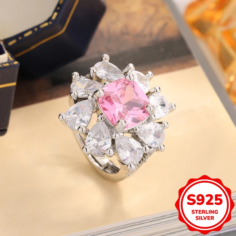 

Exquisite genuine S925 sterling silver four-claw pink crystal water drop pear-shaped diamond ring women engagement gift jewelry