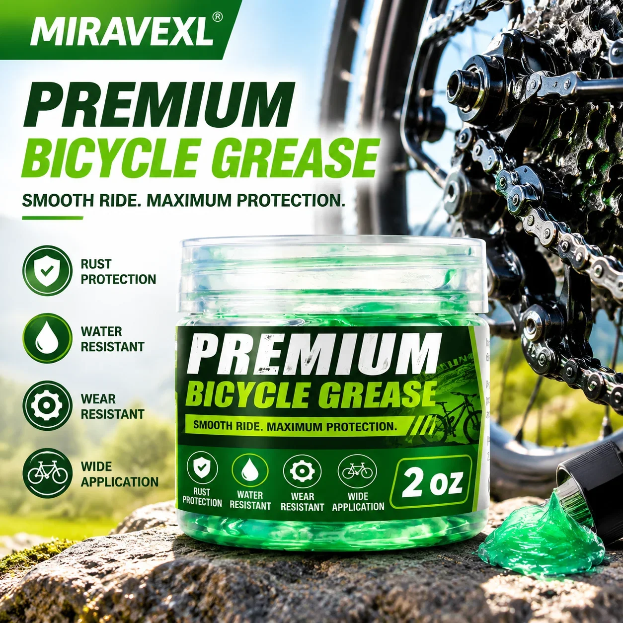 Premium Bicycle Grease 2 oz with Applicator Brush, Waterproof Bike Bearing Lubricant for MTB & Road Cycling, Wear & Rust Proof
