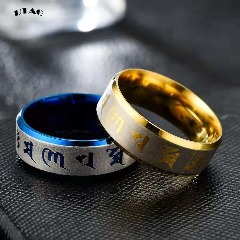 UTAG Vintage Rings For Men  Tibetan Six Words Mantra Rings Om Mani Padme Hum Buddhist Jewelry