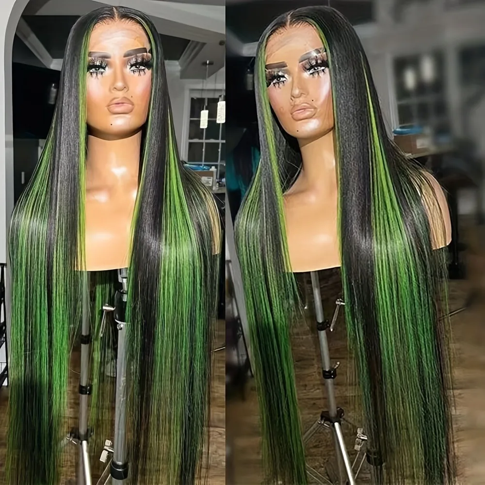 

Bone Straight Lace Front Wig Black Highlight Green 13x4 HD Transparent Heat Resistant Fiber Synthetic Hair Cosplay Clearance