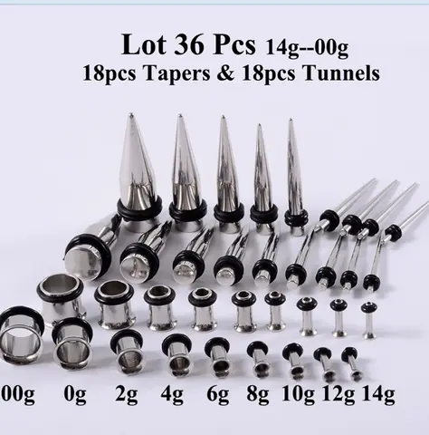 36 पीस/सेट ईयर गेज स्ट्रेचिंग किट 14-00G स्टेनलेस स्टील सिंगल फ्लेयर ईयर प्लग टनल फ्लेश टेपर स्ट्रेचर टेपर सेट 10 best sales कान खींचने वाली किट - №3