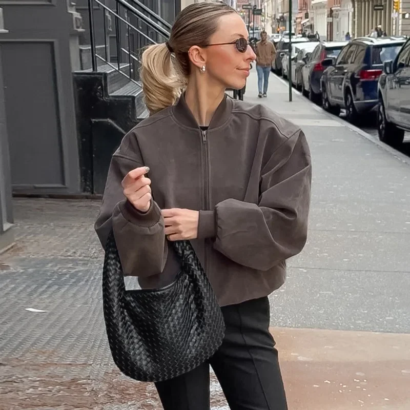 

Fmxires Women Grey Jacket Retro Fashion Streetwear Long Sleeve Coats Autumn Pilot Zipper Jacket Loose Chic Office Female Jacket