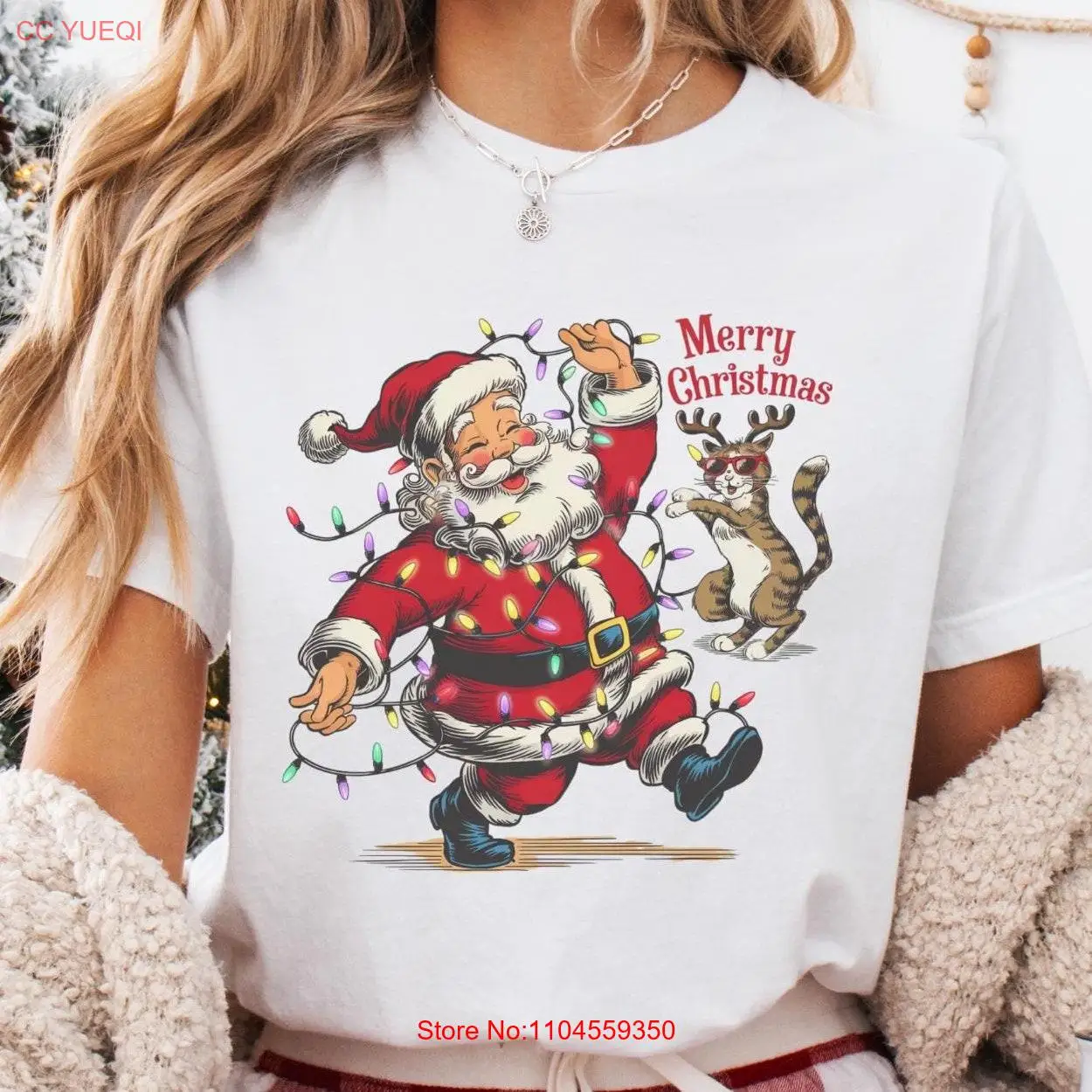 Camiseta Feliz Navidad Santa y CaT Vintage Lighting divertidas mangas largas o cortas