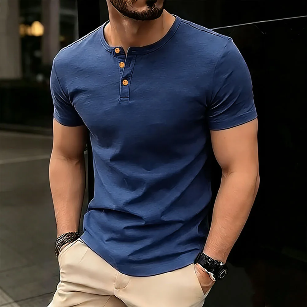 Sommer Herren Baumwoll-T-Shirt Einfarbig Atmungsaktiv Weicher Stoff Oberteile Kurzarm Henley-Ausschnitt Männliches Casual Basic Bequemes T-Shirt – Detail 3