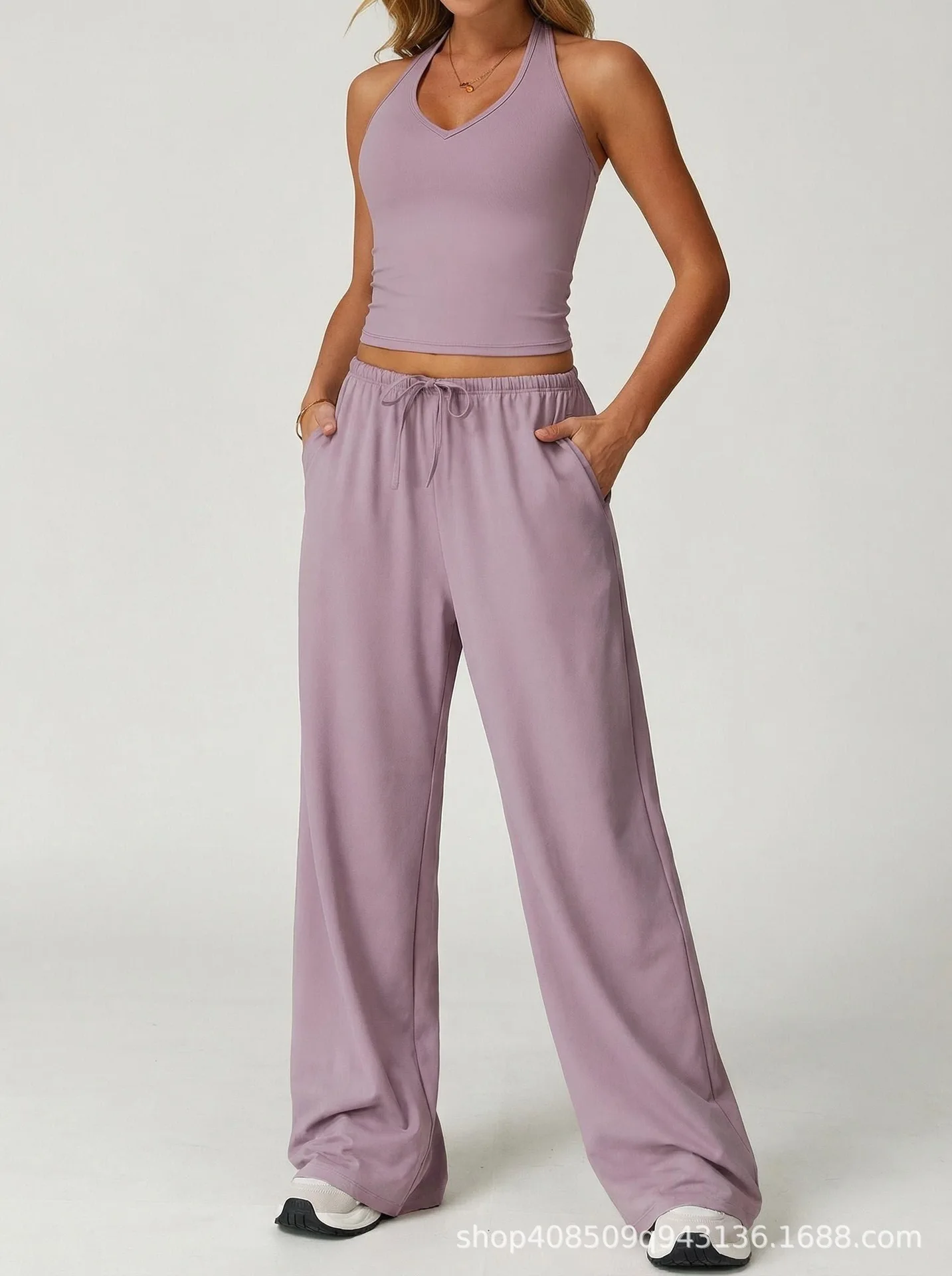 Women's 2PCS Soft Brushed Yoga Set Halter Neck Backless Crop Tank Wide Leg Pants Quick Dry Workout Lounge Fitness Sportswear