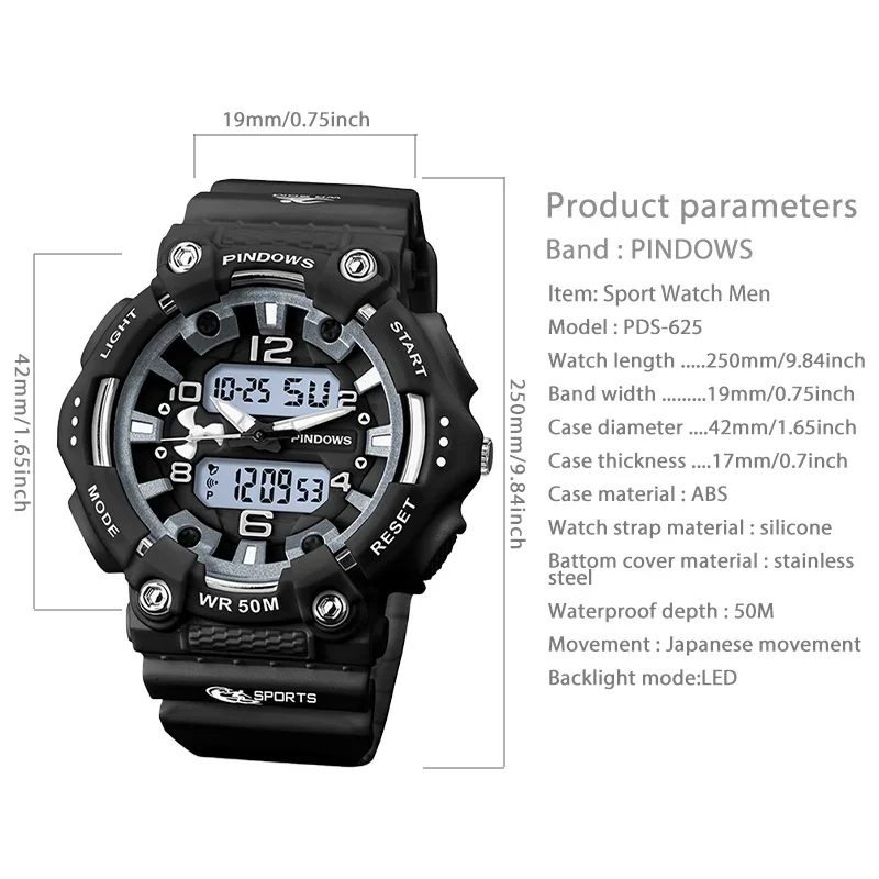 Multifunction Large Digital Watch Man Dual Display Backlight Electronic Hand Clock Boy Fashion Big Dial Sports Wristwatches Male