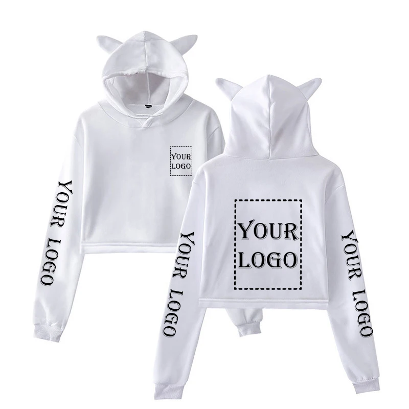 Custom Crop Hoodie Your OWN Design Brand Logo/Picture Printing Sweatshirt Women Fashion Cat Ear Hoodie Kpop Hip-hop DIY Clothes