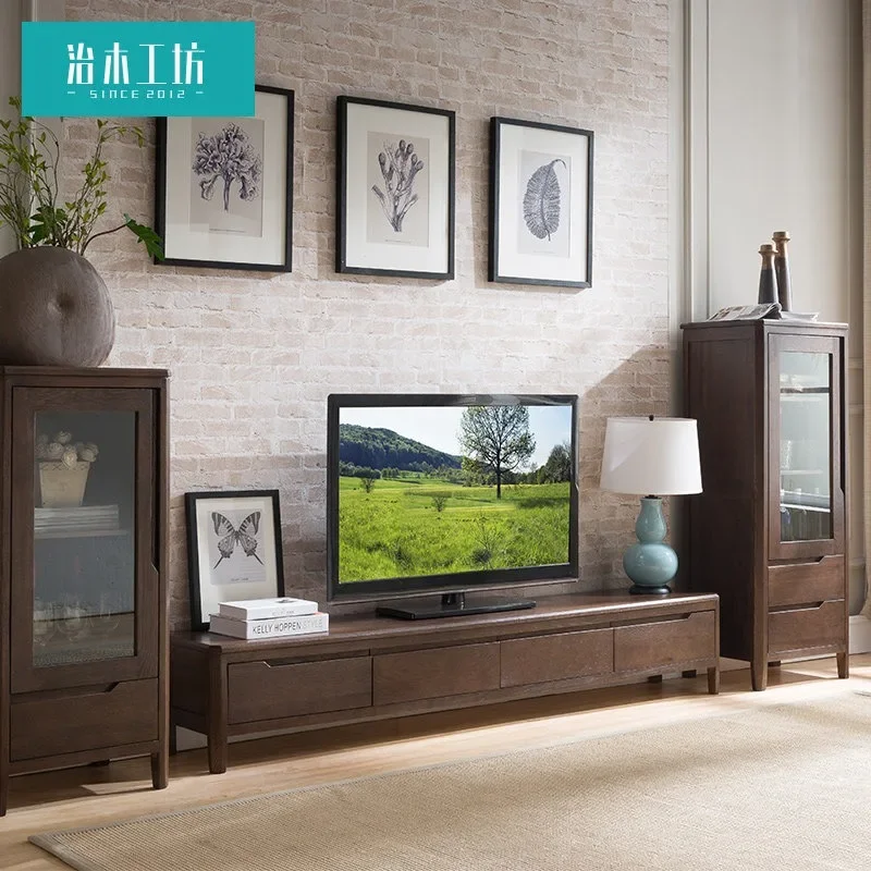 Woodworking Workshop All-solid wood TV cabinet Simple modern small apartment red oak TV cabinet Nordic living room floor cabinet