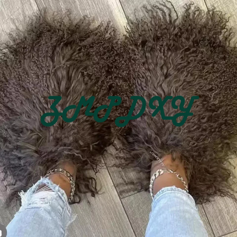 New Fluffy Long Hair Slippers Pink Sheep Fur Slippers Winter Women Plush Flat Shoes Outdoor Indoor Slippers Mongolian Fur Slides