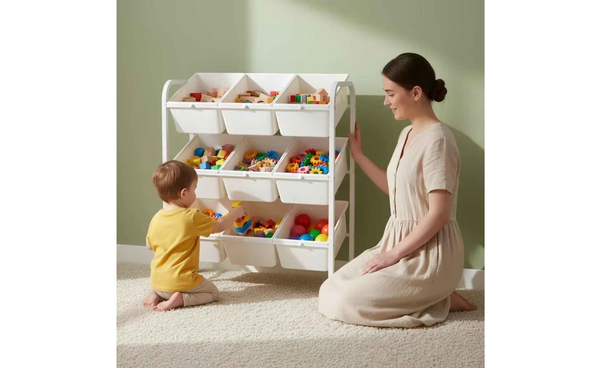 Toy Storage Rack with Bins 3-Tier Rolling Toy Organizer Kids Storage Shelf with Bins Mobile Furniture Wheeled for Parents