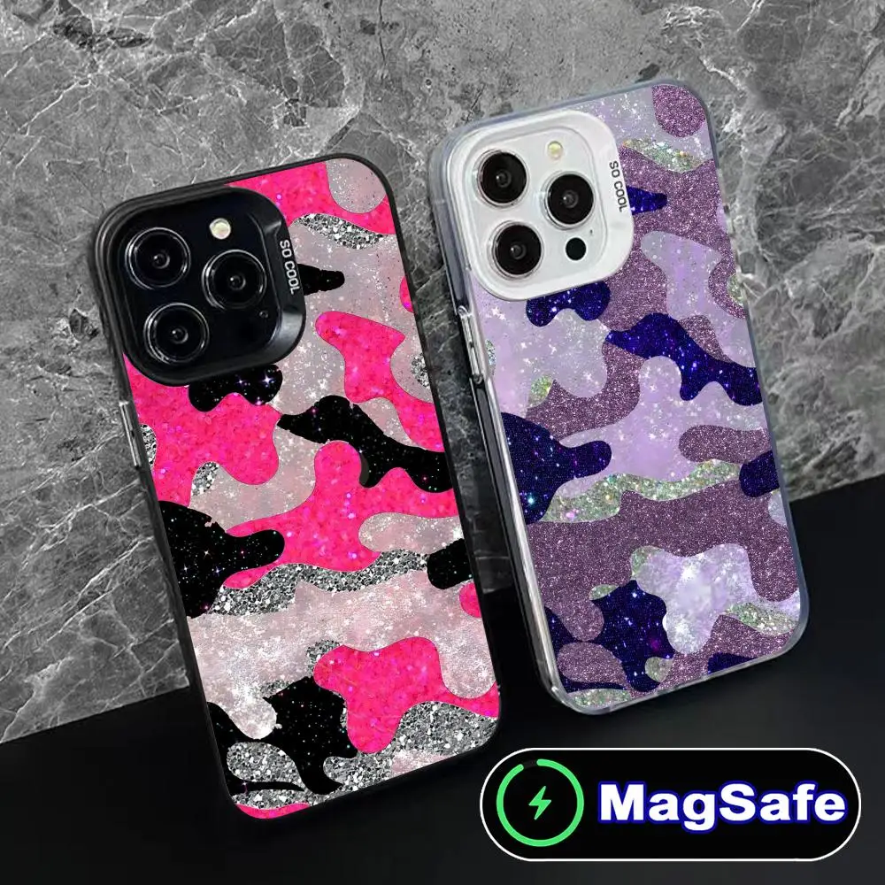 

Shining Bling Camouflage Phone Case for iPhone 17 16 15 14 13 12 11 Air Pro Max Plus MagSafe Translucent Colorful Cover Pretty