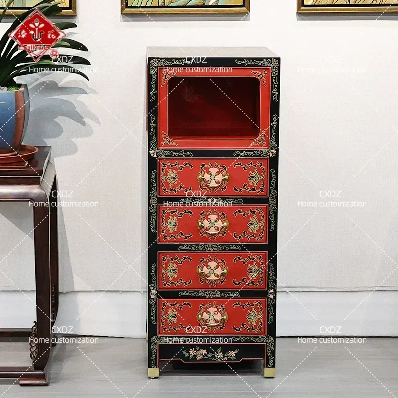 Chinese Style Lacquered Hand Carved Vertical Cabinet Four Door Storage Locker Entrance Hallway Furniture Home Decor