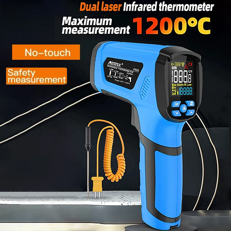 Non-Contact Infrared Thermometer -40°C~1600°C Industrial Grade Pyrometer with K-Probe Laser Pyrometer Adjustable Emissivity