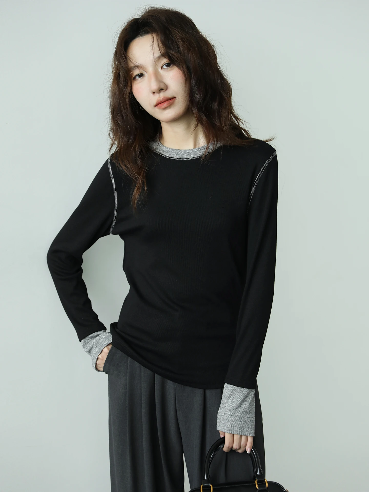 

Ретро-футболка с круглым вырезом, облегающая, в стиле колор-блок, из эластичного хлопка, для повседневной носки, простой базовый топ, женская модная одежда