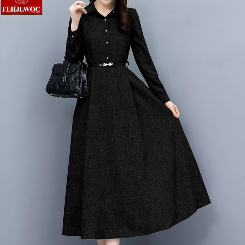 Cotton Linen Long Maxi Dresses Elegant Office Lady Women 2025 Autumn Long Sleeve Retro Vintage New Year Solid Red Shirt Dress