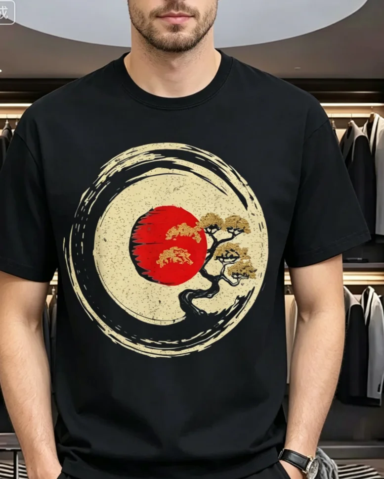 Men'S Zen Enso Circle T-Shirt From Japan A Minimalist Black Shirt Featuring A Red and Golden Sturdy Neck Shirt Japanese Culture