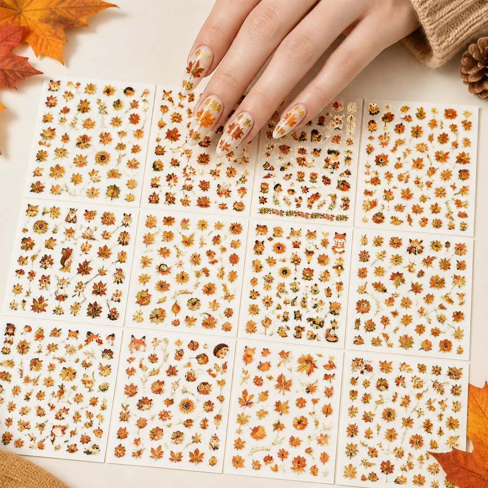 12Pcs Luxury Fall Nail Decals Gold Foil Pumpkin Fox Maple Leaf Self Adhesive Metallic Sliders DIY Nail Decals Accessory Set