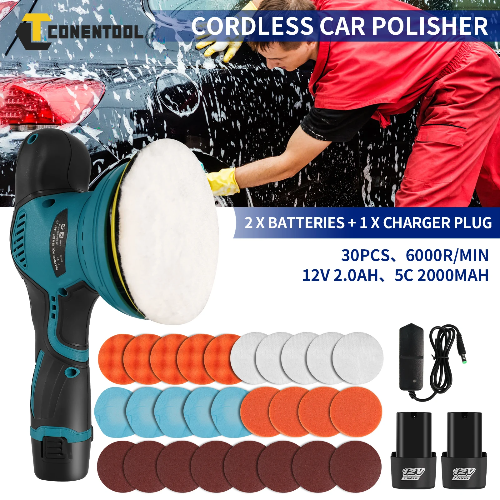 Conentool 12V Car Polishing Machine 450 W Cordless Car Buffer Polisher with 2pcs 2000mAh Rechargeable Batteries 125mm