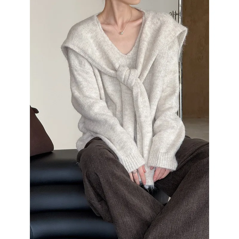 2025, Frühherbst, neues Design, entspannter und rückenfreier Wolloberteil, hochwertiger Strickpullover + Schal