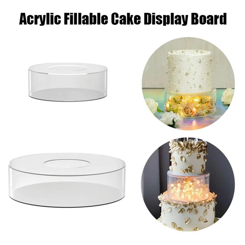 2Pcs Acrylic Fillable Cake Display Board Clear Round Fillable Cake Stand Display Box For Wedding Birthday Party Durable