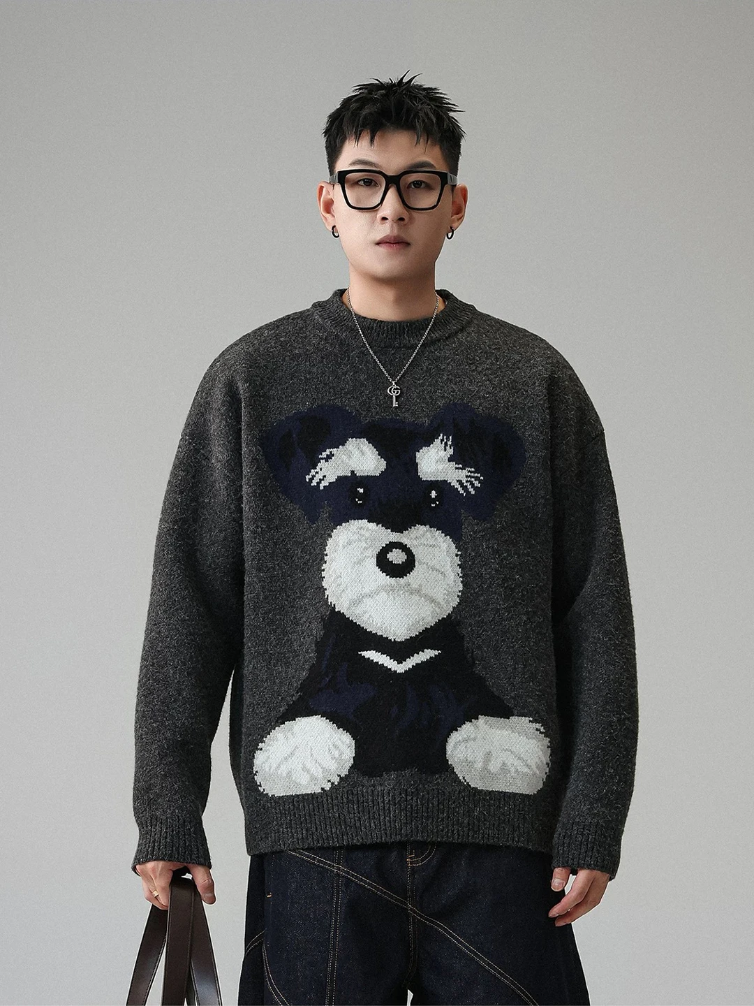 

Мужской модный свитер с круглым вырезом из трикотажа премиум-класса, теплый базовый слой для осени и зимы, мягкая текстура, вышивка с рисунком собаки