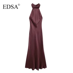 EDSA Women Summer Hanging Neck Strap Backless Maxi Dress Slim Brown Satin Dress Fashion Sexy Elegant Party Evening Gowns