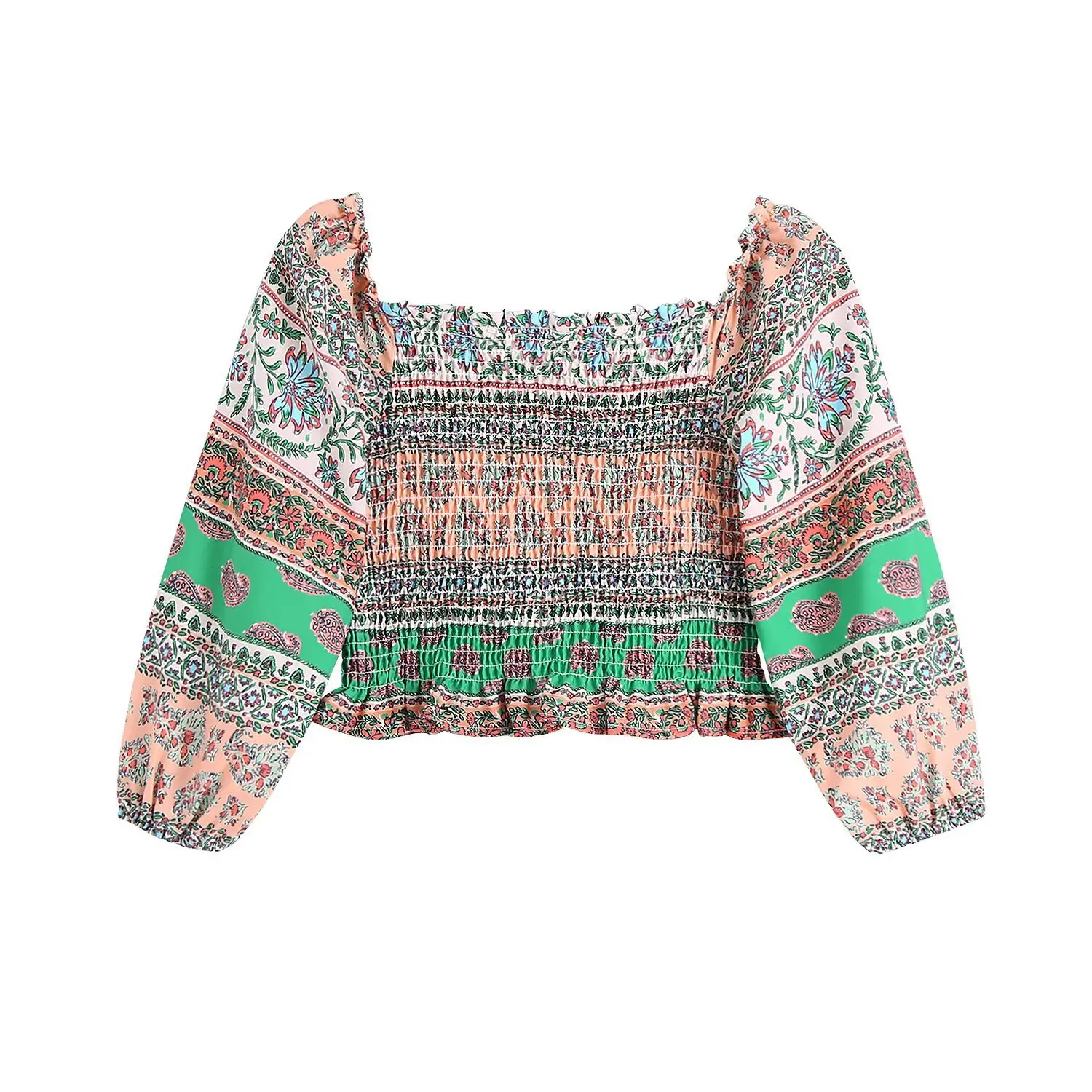 Puff Sleeve Crop Top Holiday Blouse Autumn Shirt Women BOHO Ruched Top Elastic Slash neck floral Print Pullover Shirt