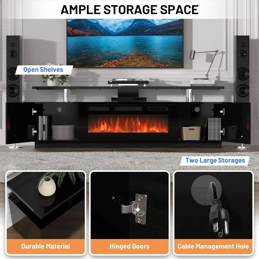 70인치 벽난로 TV 스탠드 엔터테인먼트 센터, 36인치 전기 벽난로 히터, LED 조명 및 12가지 불꽃 색상 DualTi 포함