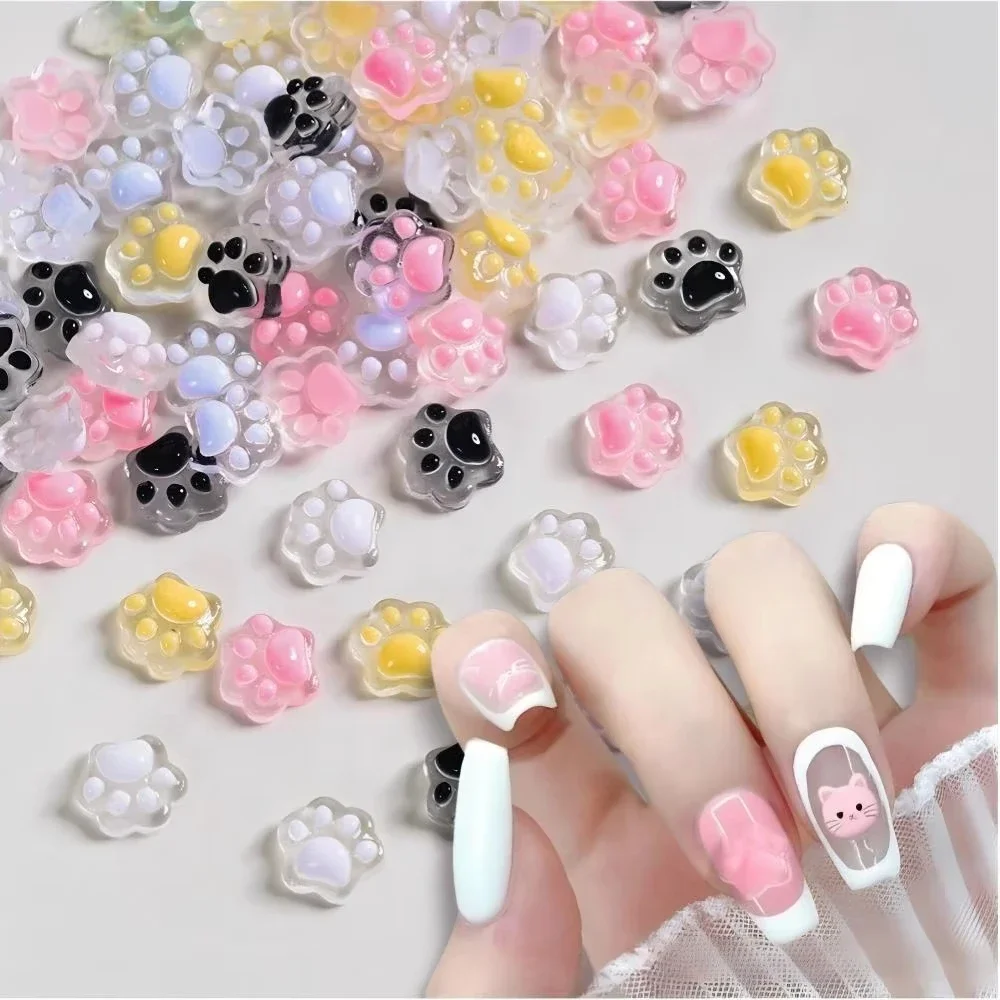 50Pcs 3D Luminous Cat's Paw Nail Charms Cute Resin Cat Paws Y2K Nail Art Decorations DIY Hair Clip Crafts