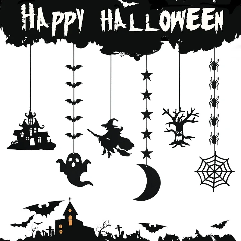 6pcs Halloween Hanging Banner Pendant Scary Spider Witch Ghost Bat Hanging Garland Pull Flag Pendant Halloween DIY Party Decor