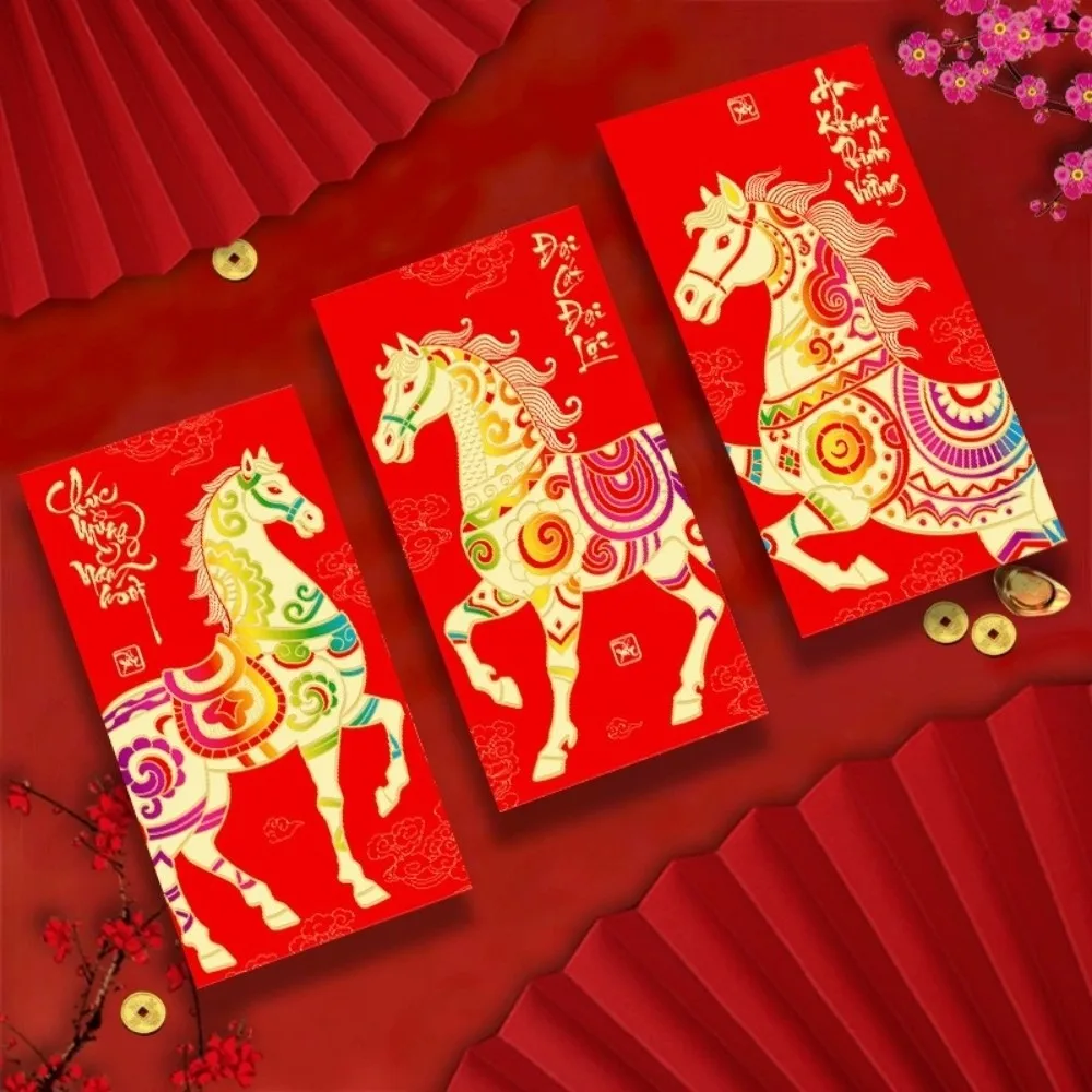 6pcs 2026 Horse Year Vietnamese Red Envelopes Traditional Blessing Spring Festival Hongbao Chinese Style Lucky Money Envelopes