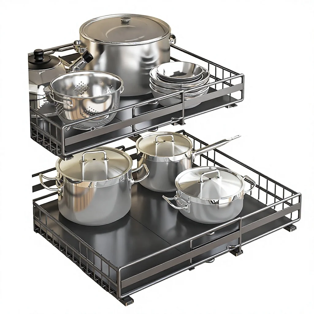 

Cross-border Metal Kitchen Shelf Cabinet Pull-out Basket Telescoping Design Modern Minimalist Style No Installation Dish Bowl