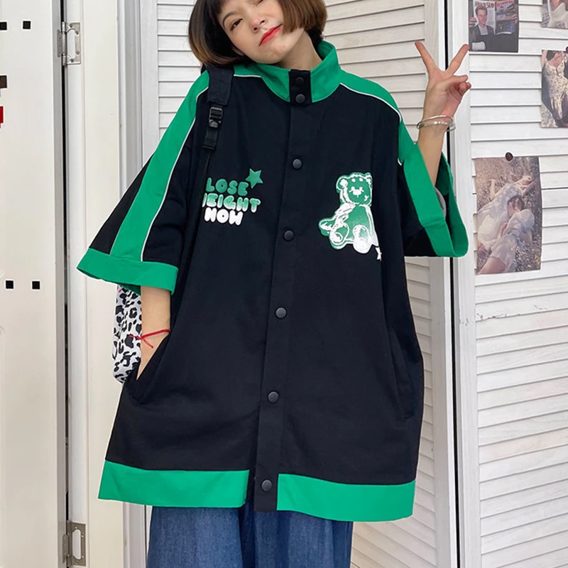 Baseball Splice Contrast Color Cartoon Bear Button Up Shirt Harajuku Oversized Loose Kawaii Tops for Teenage Summer Large 2XL