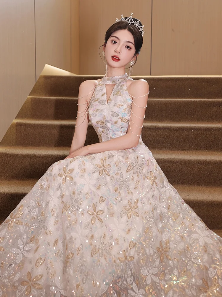 

Ele Evening Gown Korean Sle Wedding Dr Beaded mid Waist Long Skirt for Women Host Par Performance Polyester Fiber