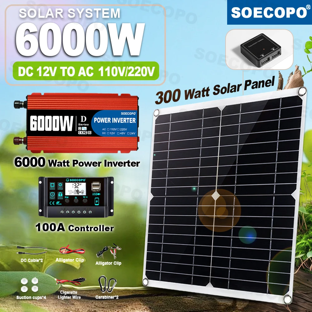

6000W Solar Power Kit 12V to 110V/220V with 100A Controller & 300W Panel, Off-Grid Inverter System for Home/Camping Backup