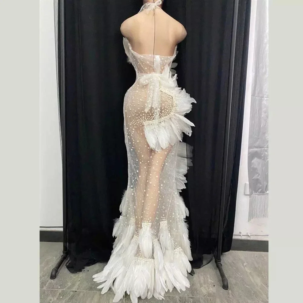 Sexy Outfits Off Shoulder Celebrate Dress Women Stage Wear Feather Solid Color Evening Party Dress Sleeveless Maxi Dress Vestdio