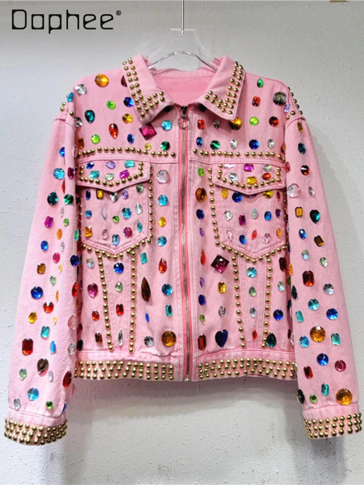 

Heavy Industry Diamond-Embedded Pink Coat Women Spring Autumn Loose Beaded Lapel Long Sleeve Zipper Short Denim Jacket Female