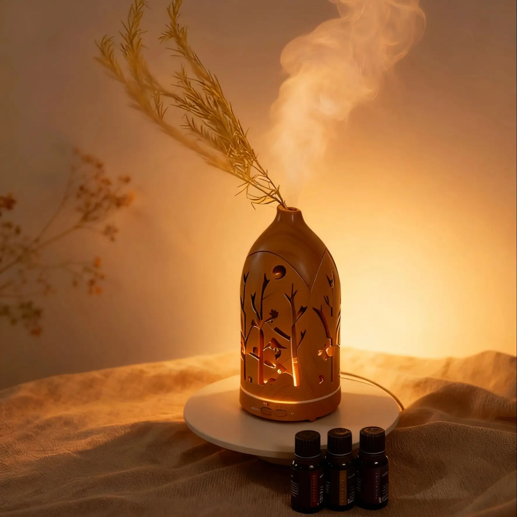 

Светодиодный многоцветный светильник с деревянной текстурой, вращающийся полый аромадиффузор для спальни, увлажнитель-распылитель - элегантный и креативный g