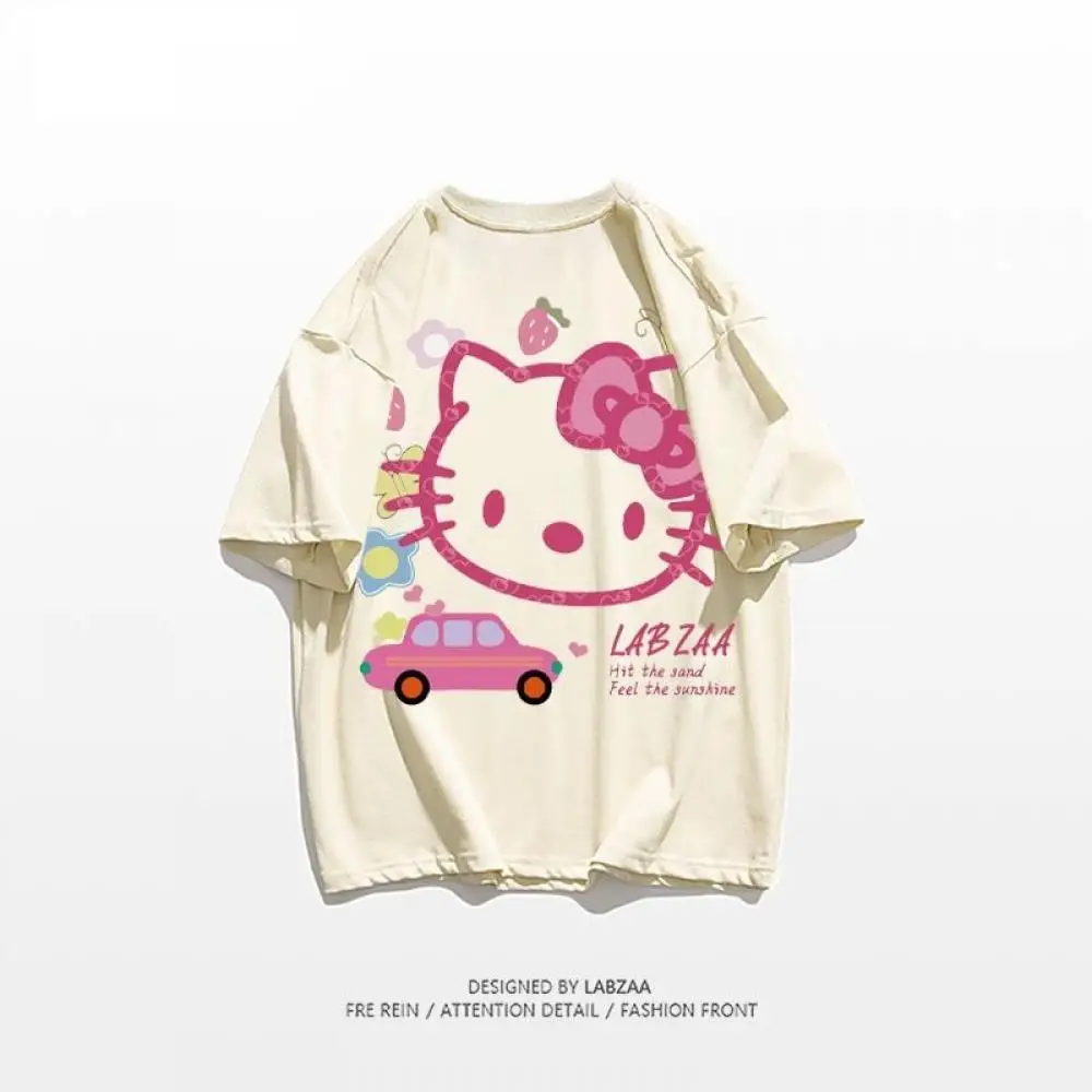 Hello Kitty Cartoon T-Shirt Kawaii Sanrioed Anime Figure Short Sleeve New Style Over Size Summer Loose Girls Student Sweet Cute