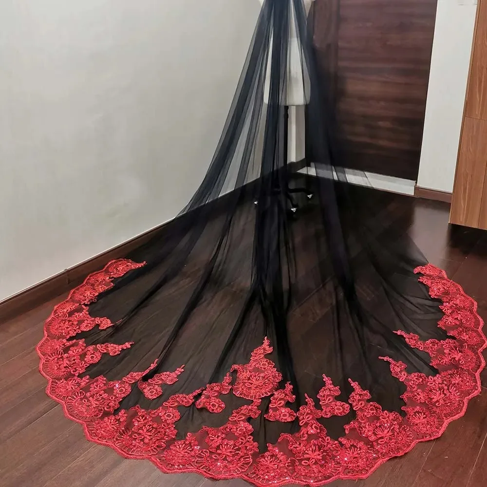 Schwarz Tulle Hochzeit Schleier mit Glitter Paillette Rot Lace Eine Schicht 3-Meter Long Bride Schleier mit aut Schleier