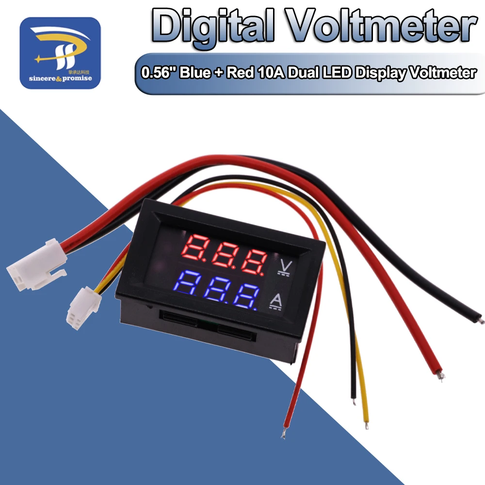 Mini voltímetro Digital con pantalla LED Dual, amperímetro, DC 0,28 V, 10A, Panel Amp, voltímetro con líneas calientes, 100 ", azul + rojo