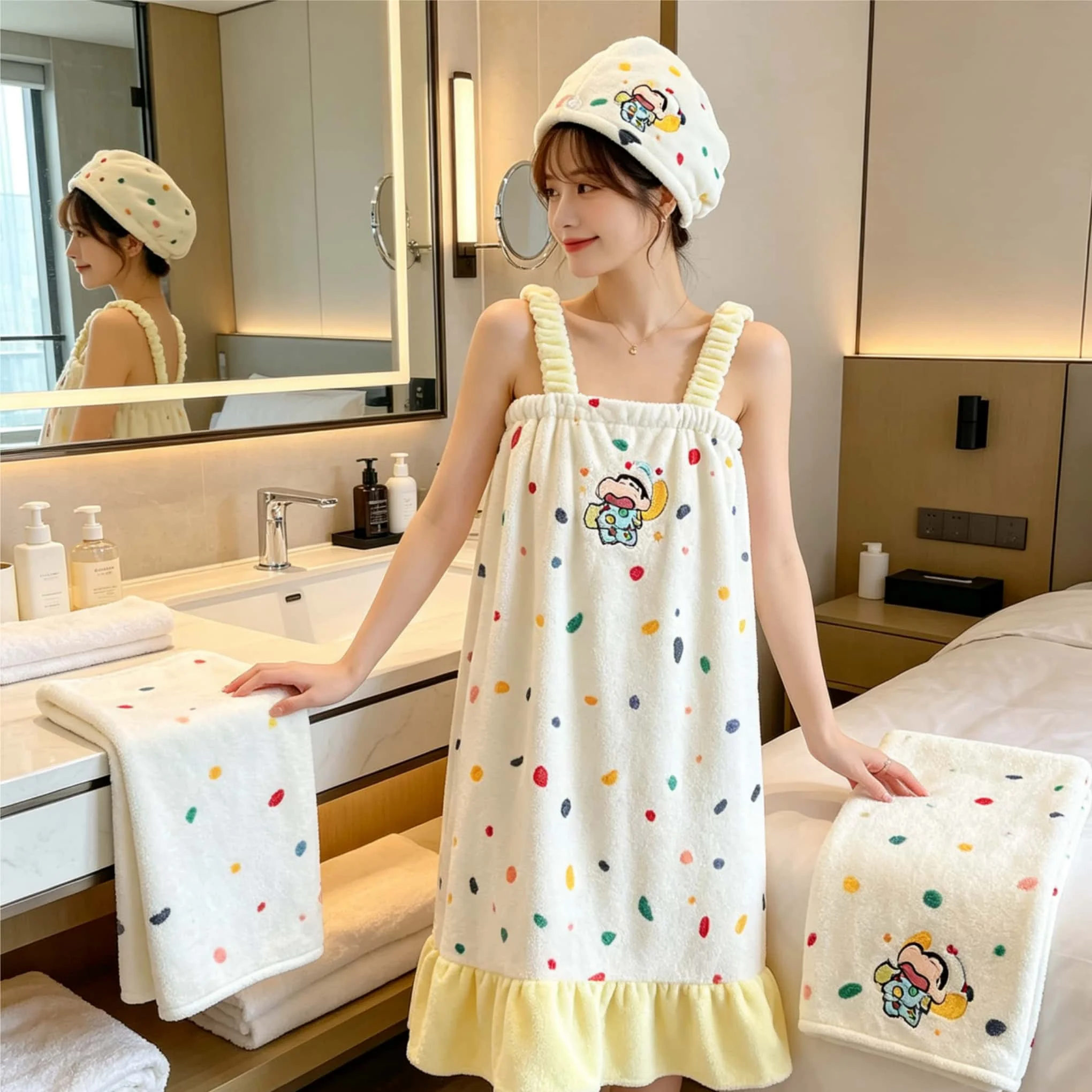 Polka dot towel, bath towel, bath skirt, water-absorbent and skin-friendly quick-dry large towel, cute cartoon hair drying cap,