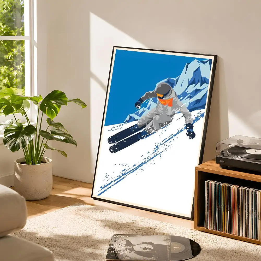 Vintage Minimalist Ski Winter Sports Ski Lodge Cityscape Poster Self Adhesive Matte Wall Art Removable Home Room Decoration