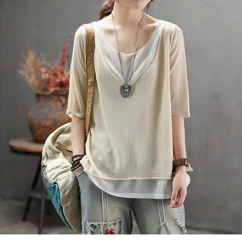 Vintage Knitted T Shirt Women Summer Color-blocking Fake Two-piece T-shirt V-neck Short Sleeve Casual All-match Cotton Linen Top