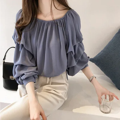 Herbst Neue Mode Koreanischen Stil frauen Lose Chiffon Langarm Slash Neck Shirts Weibliche Einfarbig Casual Trendy Kleidung Top