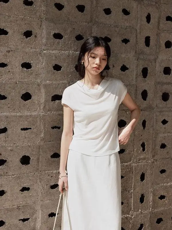 

ForloveNancy Korean Sle Pure Color Slim Fit T-irt with Flng Sves And Notched Collar ort Sve Women's Top